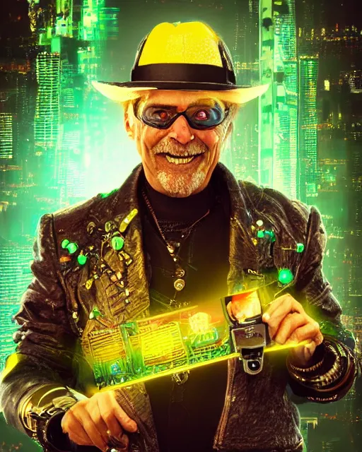 Prompt: an intimate portrait of a gnarly human cyberpunk captain, old skin, faded fedora, charming, strong leader, metal eye piece, a look of cunning, big smile, detailed matte fantasy painting, golden cityscape, lasers, sparks, green, teal, velvet, fluorescent