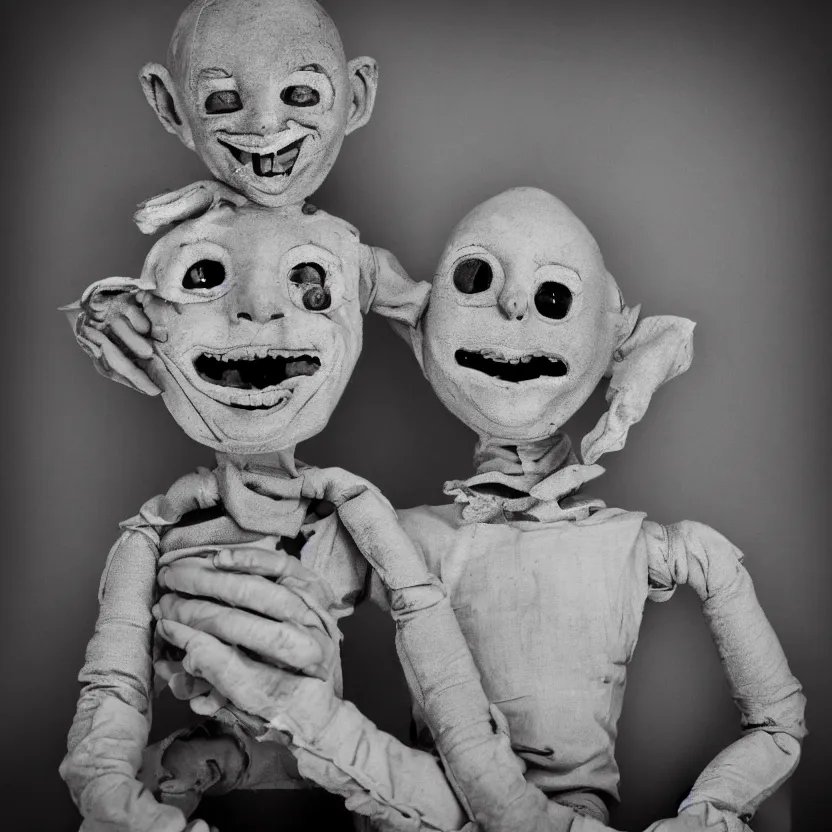 Image similar to creepy ventriloquist dummy in the style of roger ballen, 4 k, bw, portrait