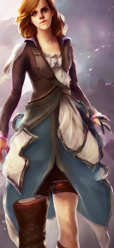 Image similar to Emma Watson as a character in the game League of Legends, with a background based on the game League of Legends, detailed face, old 3d graphics