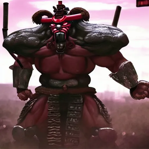 Image similar to very big, very buff, very strong, very muscular huge samurai wearing a oni mask. Cybernetic, cyberpunk, cyber cyber cyberpunk, cyber. movie still hd