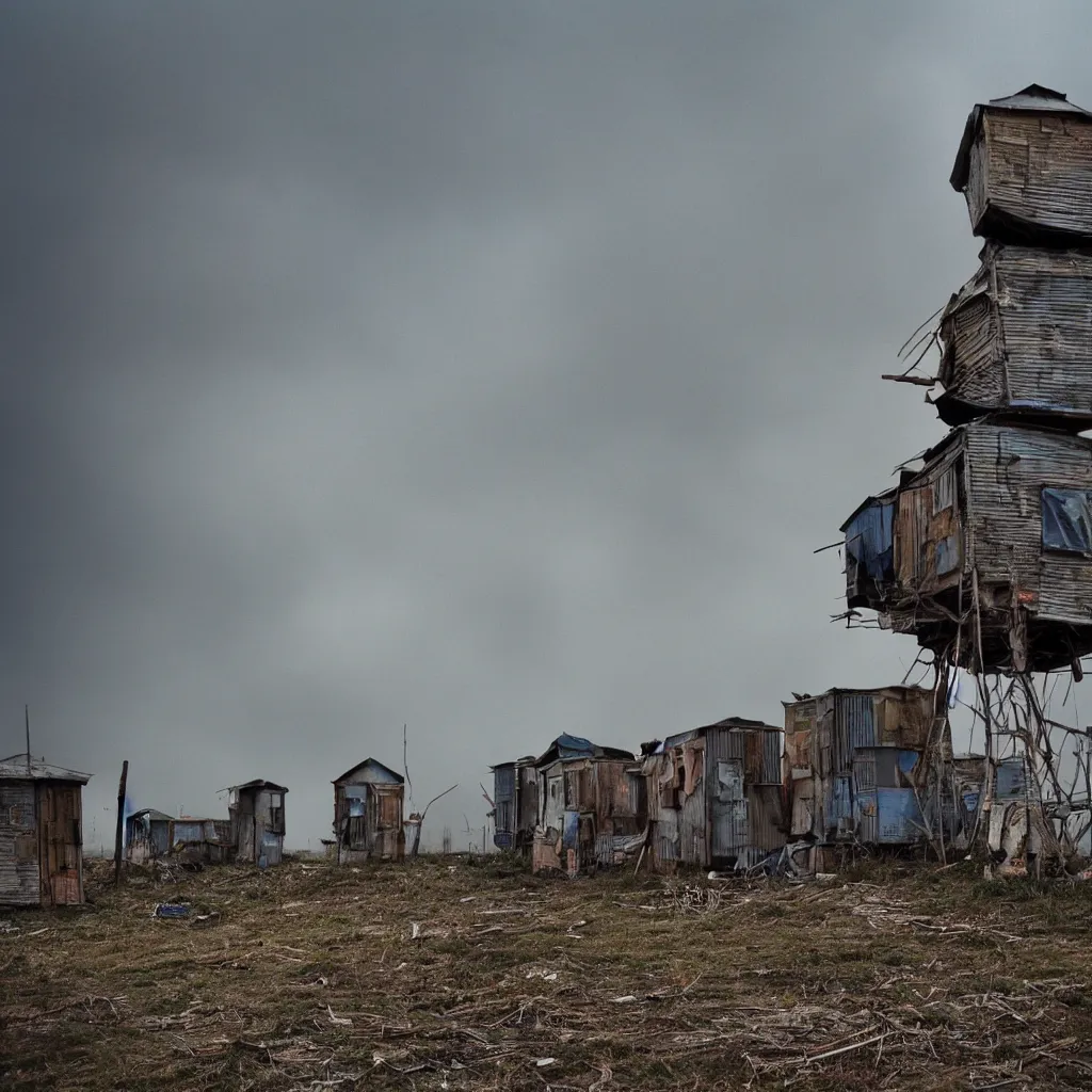 Prompt: close - up view of a tower made up of makeshift squatter shacks with faded colours, moody cloudy sky, uneven fog, dystopia, mamiya, f 1 1, fully frontal view, very detailed, photographed by jeanette hagglund