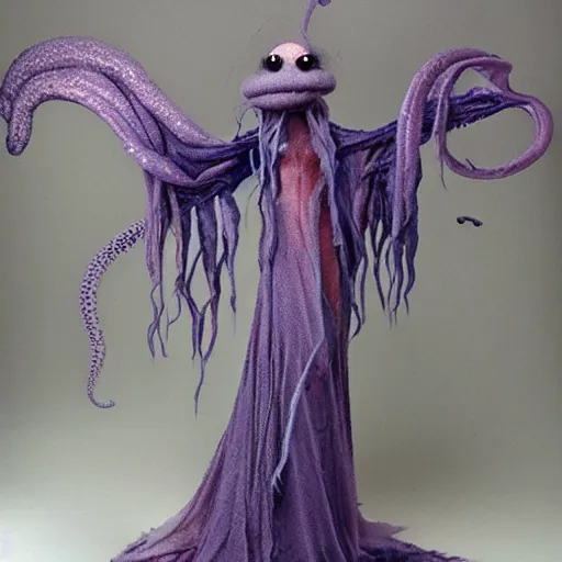 Image similar to ethereal spectral live action muppet ghost like figure with a very pronounced parasitic kraken head taking over its own with four long tentacles for arms that flow gracefully at its sides like a cloak, it has a mermaid like body with a snake tail instead of legs, it stalks around frozen forests searching for lost souls to consume, hides in the shadows of trees, this character uses hydrokinesis and electrokinesis, it is a real muppet by sesame street, photo realistic, real, realistic, felt, stopmotion, photography, sesame street, monsters inc pixar