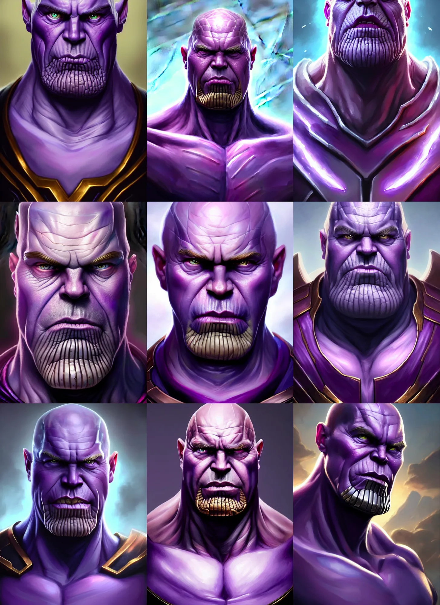 Prompt: a fantasy style portrait painting a character if vladimir putin and thanos had a son, purple skin, powerful chin, thanos style traits, painting, unreal 5, daz., rpg, portrait, extremely detailed, artgerm greg rutkowski _ greg