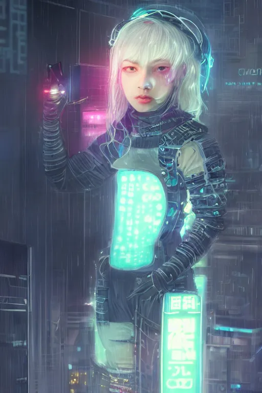 Prompt: portrait futuristic cute cyberpunk young female Alchemist, in futuristic stormy heavy snowy thunder tokyo rooftop Enchantment cyberpunk night, ssci-fi, fantasy, intricate, very very beautiful, elegant, neon light, highly detailed, digital painting, artstation, concept art, soft light, hdri, smooth, sharp focus, illustration, art by tian zi and craig mullins and WLOP and alphonse mucha