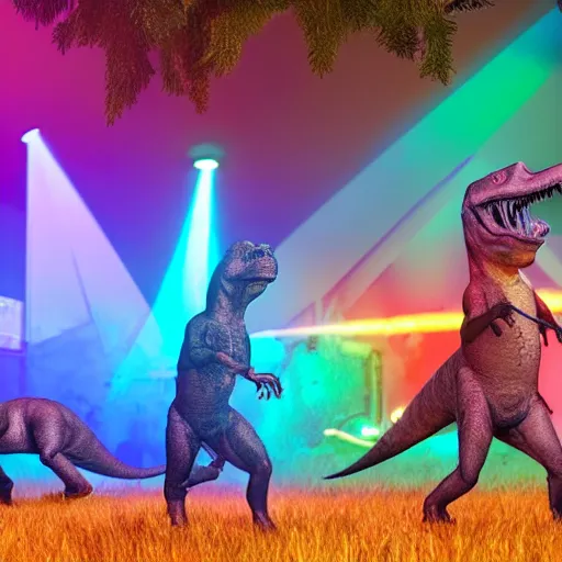 Image similar to a group of dinosaurs having a rave party at boom festival main stage, rendered in octane