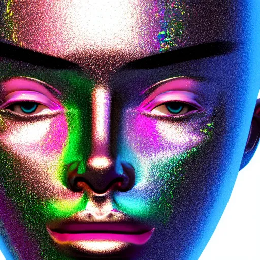 Image similar to 3d render of holographic human robotic head made of glossy iridescent, surrealistic 3d illustration of a human face non-binary, non binary model, 3d model human, cryengine, made of holographic texture, holographic material, holographic rainbow, concept of cyborg and artificial intelligence