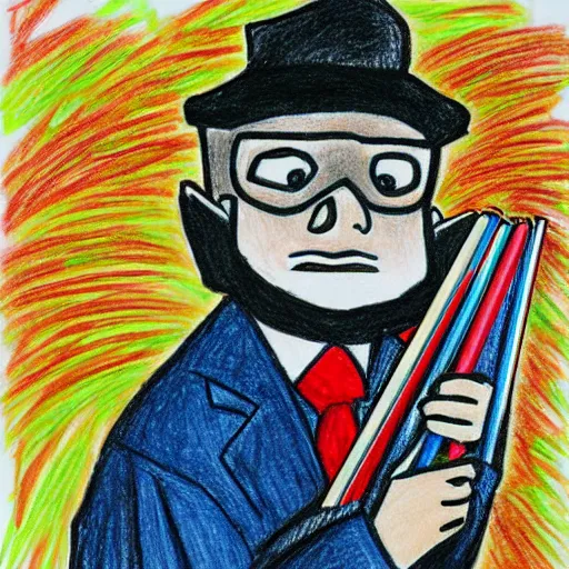 Prompt: a bank robbery drawn by a child, crayons,