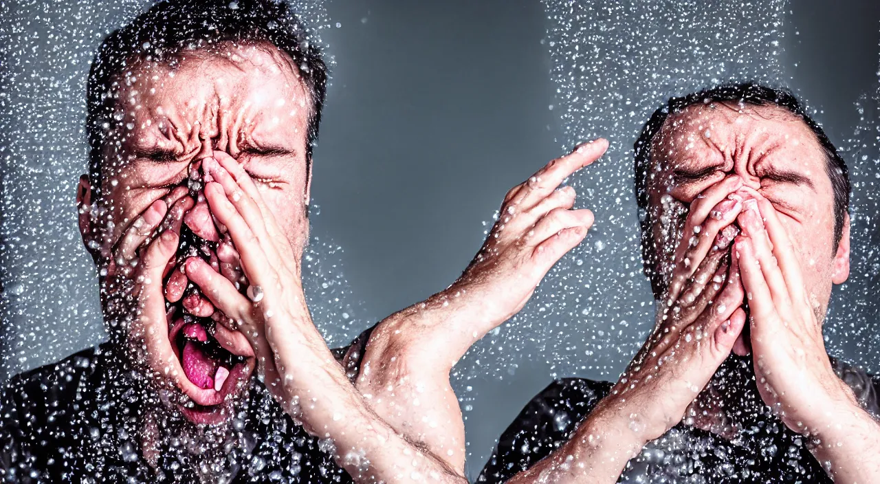 Prompt: Man sneezing. Still photograph. F4.0 shutter speed 1200 iso 1600 outdoor backlit studio lighting water droplets frozen in the air, photorealistic, dramatic, award winning, intricate details, 8K