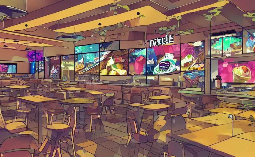 Image similar to the interior of a taco bell, anime scenery, digital art