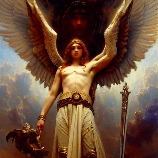 Image similar to saint michael the angel, guarding the world from evil. highly detailed painting by gaston bussiere, greg rutkowski 8 k