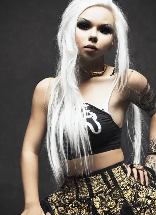 Image similar to kerli koiv in mini skirt and crop top tank top, platform boots, beautiful face, intricate, extremely detailed, modeling photography, 8 0 mm camera, dramatic lighting, dark room, body and face, golden ratio, rule of 3 rds, well proportioned