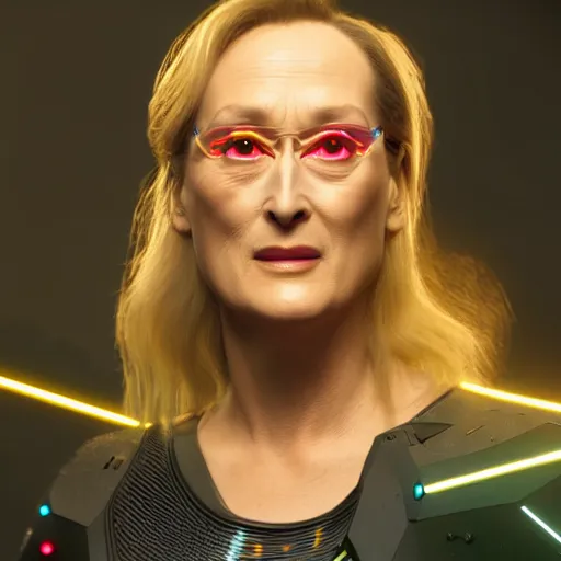 Prompt: Meryl Streep portrait, Cyberpunk 2077, ultra photorealistic, cybernetic body parts, neon, octane, bokeh, 8k