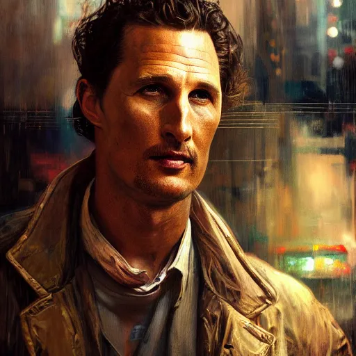 Image similar to matthey mcconaughey, hyperrealistic portrait, bladerunner street, art of elysium by jeremy mann and alphonse mucha, fantasy art, photo realistic, dynamic lighting, artstation, poster, volumetric lighting, very detailed face, 4 k, award winning