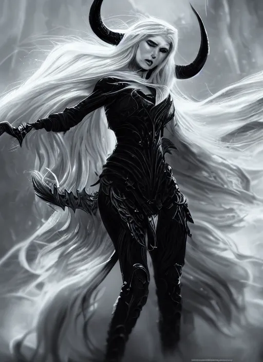 Image similar to a highly detailed illustration of fierce beautiful long white haired horned demon woman wearing black battle dress, dramatic power pose, perfect face, perfect body, intricate, elegant, highly detailed, centered, digital painting, artstation, concept art, smooth, sharp focus, league of legends concept art, wlop.