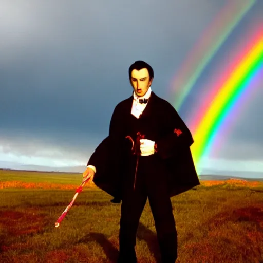 Image similar to count dracula with a pot of blood at the end of a rainbow in ireland