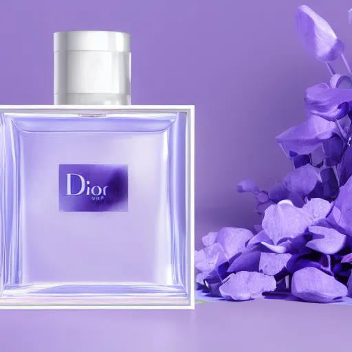 Prompt: perfume bottle surrounded by artistic, blurred blue and lilac flowers, white background, simple path traced, environment, sephora, dior