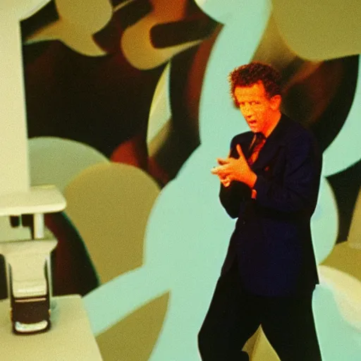 Image similar to chris morris does the news, set design by tadanori yokoo, 3 5 mm film, photograph