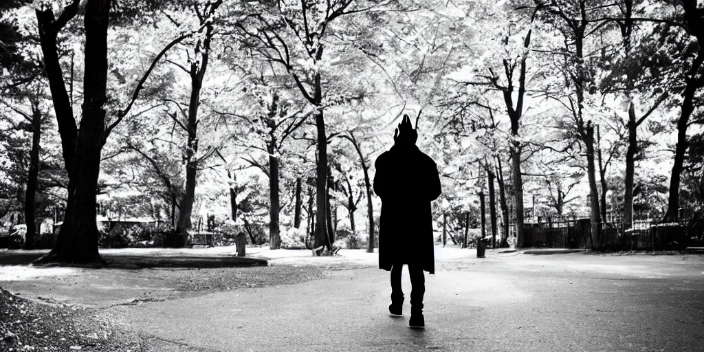 Image similar to anime! male anthro wolf furry! in a black jacket, walking at the park, dramatic lighting, bokeh, award - winning digital art