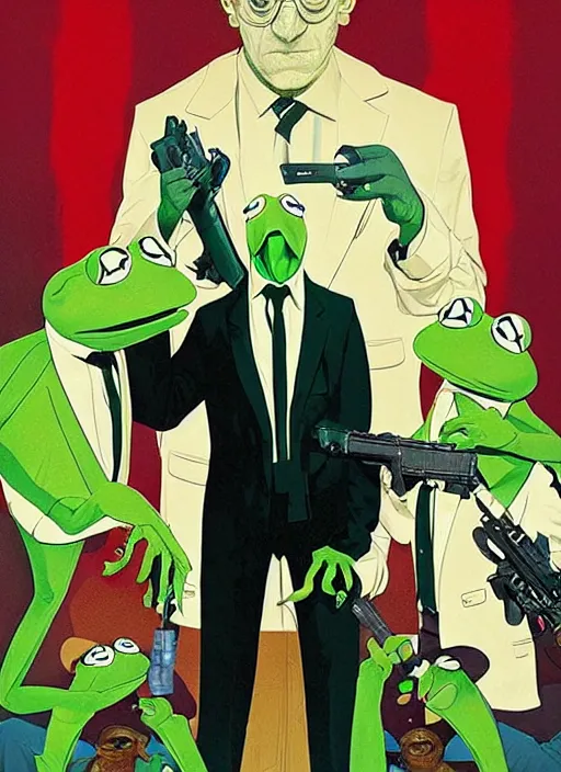 Prompt: poster artwork by Michael Whelan and Tomer Hanuka, Karol Bak of portrait of Kermit the Frog, from scene from Reservoir Dogs, clean