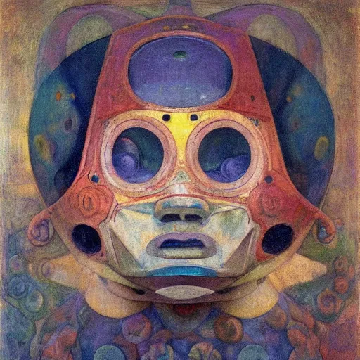 Image similar to the mechanical robot in her floral mask, by annie swynnerton and diego rivera, and nicholas roerich and jean delville, symbolist, dramatic lighting, elaborate geometric ornament, art brut, soft cool colors, smooth, sharp focus, extremely detailed, adolf wolfli