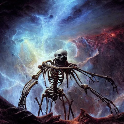 Prompt: a cinematic shot of a chained skeleton in a cave, epic nebula, Dan Seagrave art