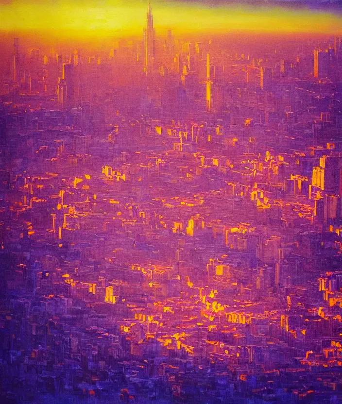 Image similar to An extremely close up shot of the interior of a European City with rays of sunlight bouncing off the buildings, sunrise, sunset, bright yet cool colors, colors and rays of yellow orange red pink purple and blue cover the image, melancholic, nostalgic, cool, epic, oil painting, painting, trending on deviantart, trending on artstation, realistic, polaroid photograph, polaroid, lens blur, photo, realistic, hyperrealistic, very realistic, detailed, very detailed, intriciate detail, intricate details, HD quality, 4k resolution, 8k resolution, in the style of an album cover, in the style of Édouard Cortès