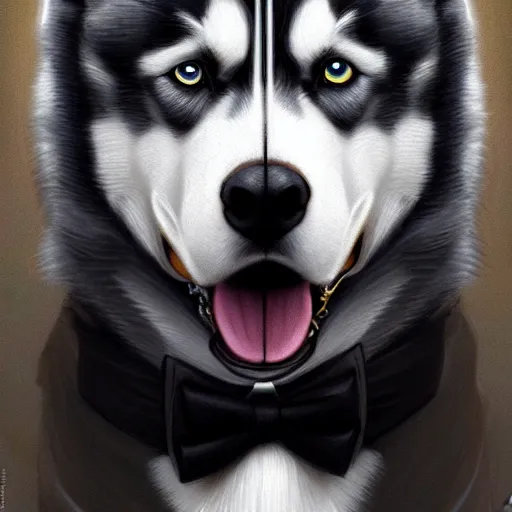 Prompt: beautiful detailed picture of a husky dressed in a tuxedo, intricate, elegant, highly detailed, my rendition, digital painting, artstation, concept art, smooth, sharp focus, illustration, art by artgerm and greg rutkowski and alphonse mucha