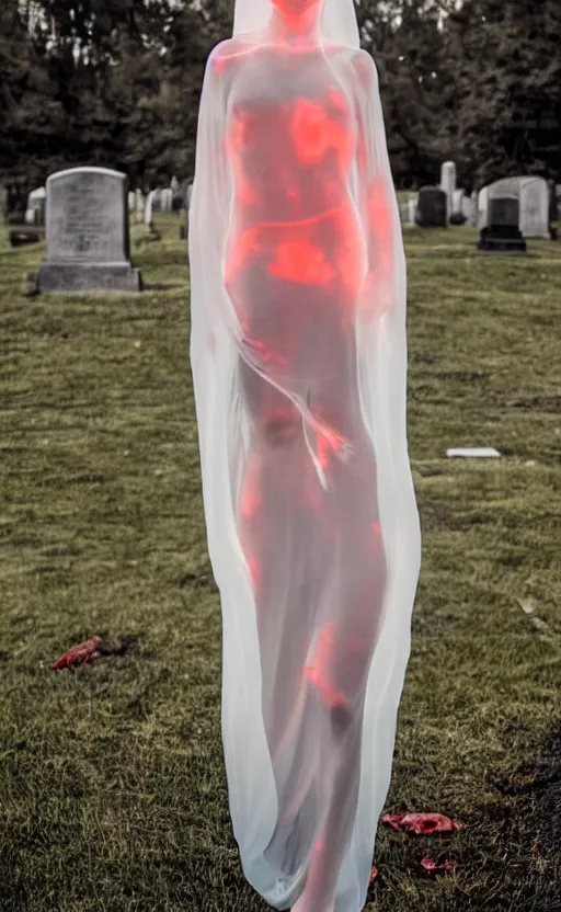 Image similar to a full shot photo of a translucent woman, invisible, streets, ghost, creepy, horror, scary, stressful, caucasian, feminine, nighttime, cemetery, bloody, blood everywhere, very bloody, glow up, realistic, 8 k, hdr, extremely detailed