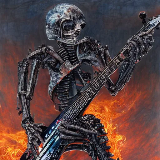 Image similar to death robot shredding guitar, standing in ruined burning street by Yoshitaka Amano, by HR Giger, biomechanical, 4k, hyper detailed, hyperrealism, anime, a Blood Moon rising on a Broken World, deviantart, artstation