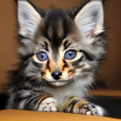 Prompt: a super cute maine coon coyote kitten