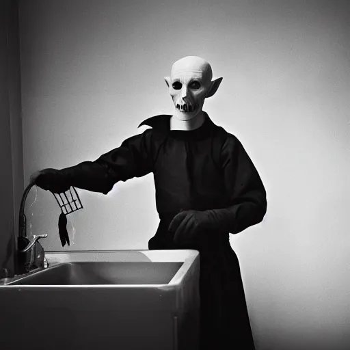 Image similar to portrait of nosferatu washing dishes, realistic detailed photography, 5 0 mm lens