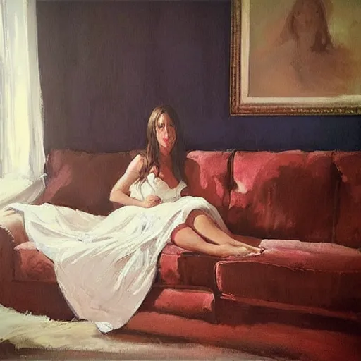 Image similar to portrait of jennifer love hewitt reclining on a couch greg manchess painting elegant, matte painting, illustration, hearthstone, trending on instagram