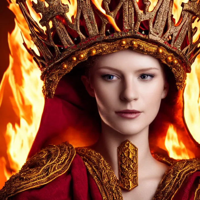 Prompt: photograph of a real-life beautiful fire queen with intricate crown and cloak. Extremely detailed. 8k