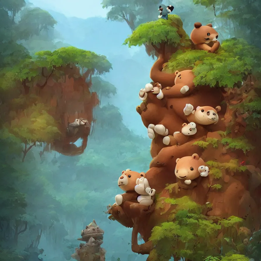 Image similar to A river, a baby bear on top of a trunk, jungle, art by Goro Fujita, ilustration, concept art, sharp focus, ArtStation, Deviantart