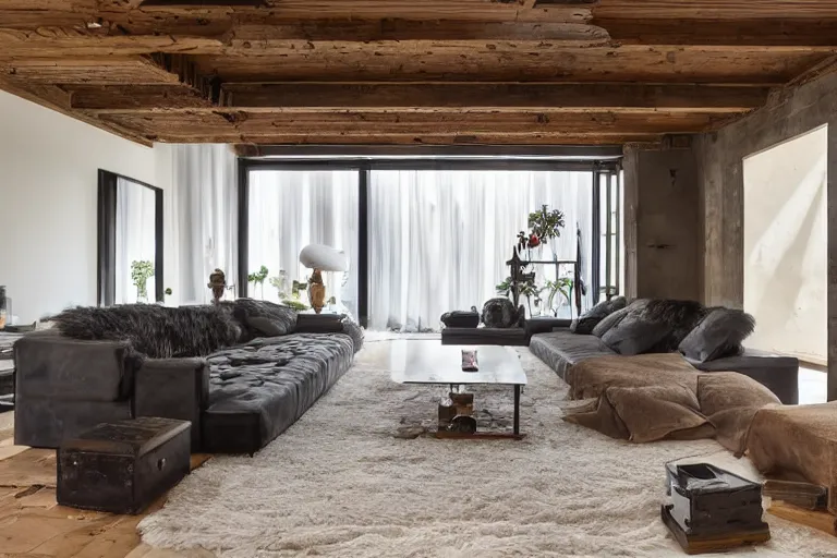 Prompt: god rays, a tastefully decorated living room with dark luxurious furnishings, and a mix of antique and modern furniture, and a mix of concrete and wood finishes