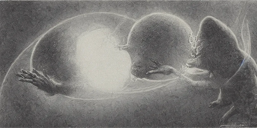 Image similar to dawn of creation; first atom; beings of light and darkness; ethereal plane. illustrated by maurice sendak and Stephen Gammell