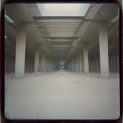 Prompt: interior of a concrete megastructure, foggy, old polaroid, expired film, megalophobia,