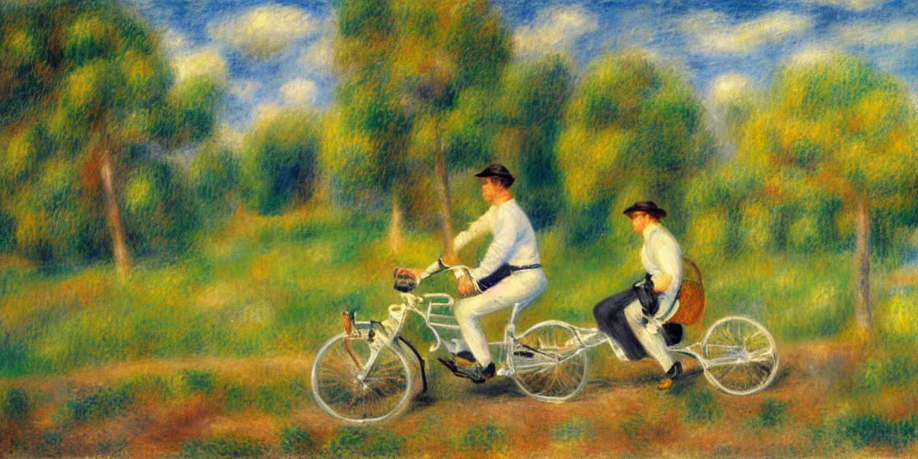Prompt: a young man riding a recumbent bicycle under a clear blue sky, painting in the style of renoir, 4 k