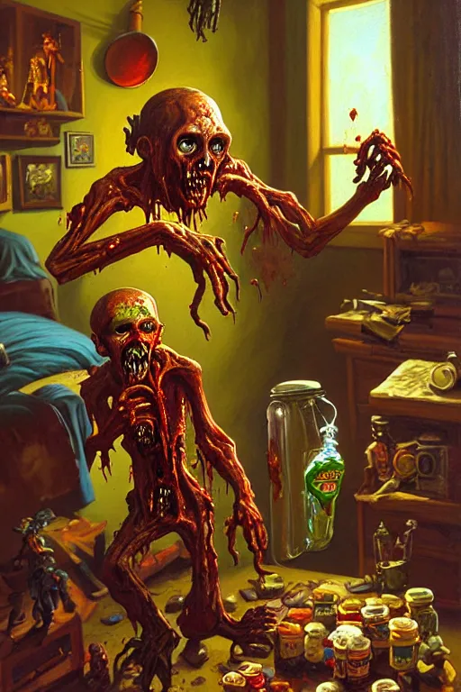 Prompt: classic oil painting, a zombie that is opening a jar of brains, as a dnd character, inside a cluttered bedroom, cottagecore, highly detailed, digital illustration, concept art, smooth, sharp focus, art by tim hildebrandt, and greg hildebrandt