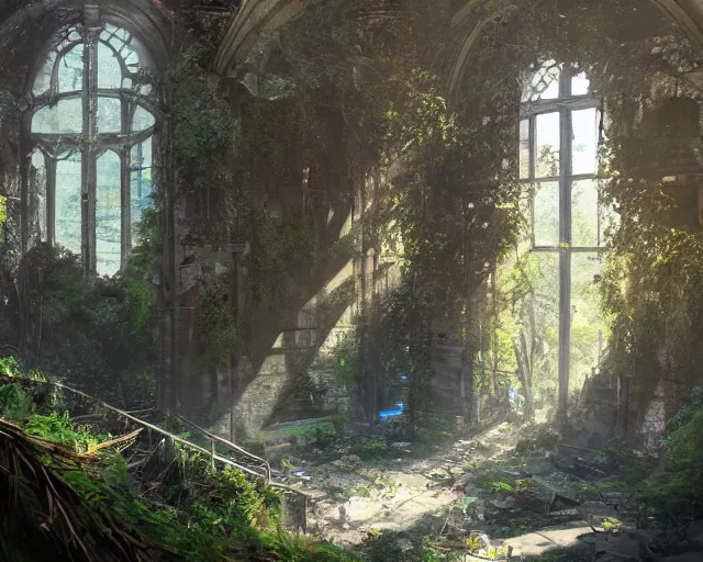 Image similar to In the midst of a densely overgrown ruin, a large space with sunlight filtering through the broken windows, a high ceiling, a vast floor, flooded with crystal clear water, gorgeous, trending on Artstation, digital art