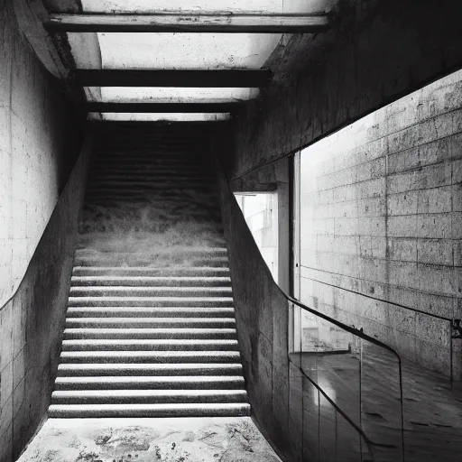 Prompt: black and white press photograph, highly detailed interior constructed only with concrete stairs, detailed textures, natural light, mist, architecture photography, film grain, soft vignette, sigma 8 5 mm f / 1. 4 1 / 1 0 sec shutter, darren aronofsky film still promotional image, imax 7 0 mm footage