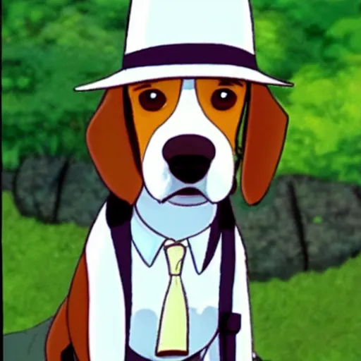 Image similar to a beagle wearing a business suit and fedora, studio ghibli