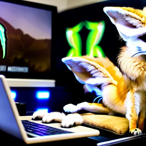 Prompt: an anthropomorphic male fennec fox sitting in a gaming chair drinking monster energy drinks, rbg keyboard, laptop, livestream, photo, 1 6 k