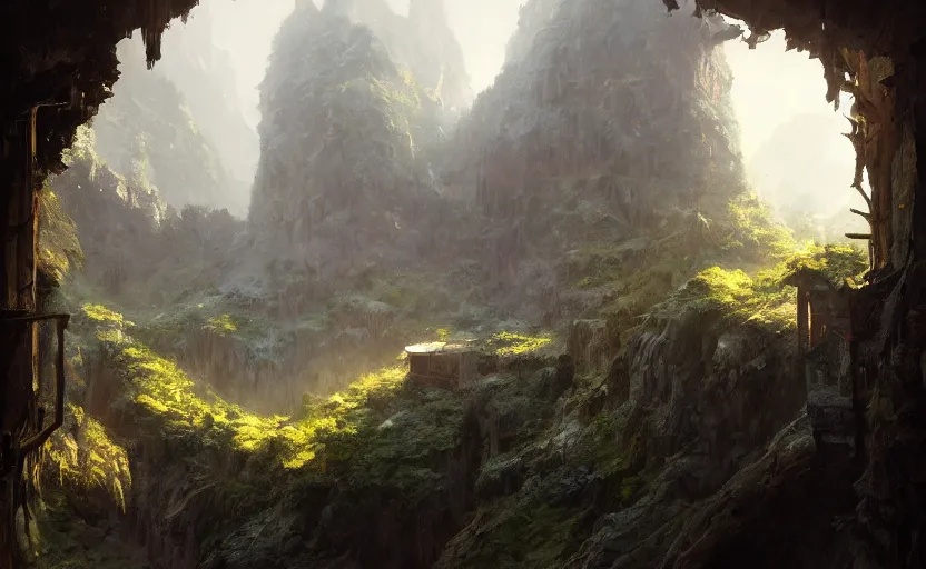 Prompt: painting of a series of opposing living quarters carved high up inside a mountain, lush garden with hot spring between, cozy bed, well maintained, clean, medieval, fantasy genre, natural light, fantasy, natural light, sharp focus, concept art, by greg rutkowski and craig mullins, cozy atmospheric and cinematic lighting, trending on artstation