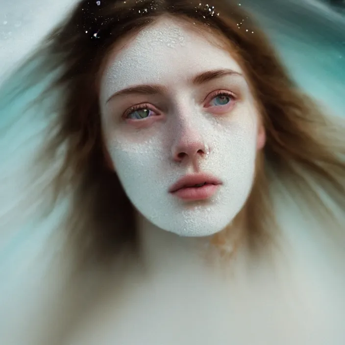 Image similar to Kodak Portra 400, 8K,ARTSTATION, CarolineGariba, soft light, volumetric lighting, highly detailed, britt marling style 3/4 ,portrait photo Close-up portrait photography of a beautiful woman how pre-Raphaelites, the face emerges from Pamukkale, thermal waters flowing down white travertine terraces, inspired by Ophelia paint ,and hair are intricate with highly detailed realistic beautiful flowers , Realistic, Refined, Highly Detailed, interstellar outdoor soft pastel lighting colors scheme, outdoor fine art photography, Hyper realistic, photo realistic