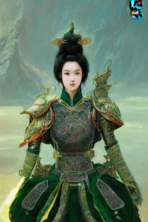 Image similar to portrait black hair young knights of Dynasty Warriors girl, metallic green armor, in ruin fire chinese palace sunrise, ssci-fi and fantasy, intricate and very beautiful and elegant, highly detailed, soft light, artstation, concept art, smooth and sharp focus, illustration, art by tian zi and WLOP and alphonse mucha