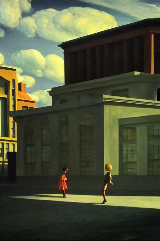 Prompt: dystopian desolate schoolyard, omnious clouds, dramatic lighting, magic realism by carel willink, edward hopper, film still