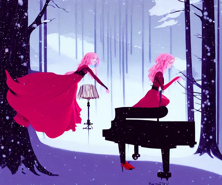 Image similar to a painting of a beautiful face gothic girl, pink hair in a stunning red dress playing a piano in the dark snowy forestby randolph stanley hewton, cg society contest winner, matte painting studio ghibli, fantasy, medium shot, asymmetrical, intricate, elegant, matte painting, illustration