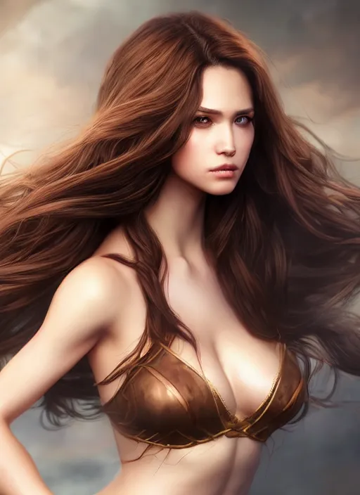 Prompt: a gorgeous female with long brown hair, photo by lara jade, realistic, full body shot, wide angle, sharp focus, 8 k high definition, insanely detailed, intricate, elegant, art by stanley lau and artgerm, floating embers