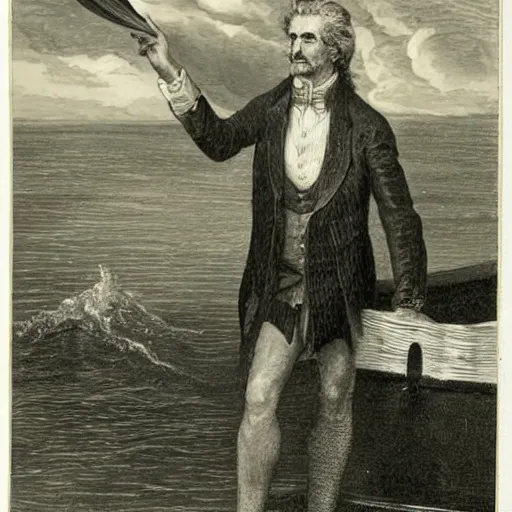 Prompt: william defoe holding a giant pickle, standing on a boat in the ocean